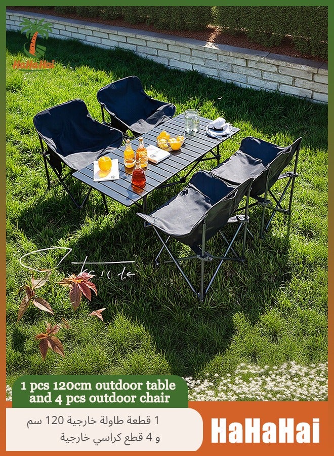 هاهاهاي 1 قطعة طاولة تخييم 120 سم و 4 قطع كراسي سوداء 45 سم ، طاولة قابلة للطي كبيرة وخفيفة الوزن من سبائك الألومنيوم الأسود وكراسي تخييم مريحة ومحمولة ، مناسبة للتخييم والحفلات الخارجية والتجمعات العائلية وحفلات الشواء والسفر والنزهات الخارجية - Image 1