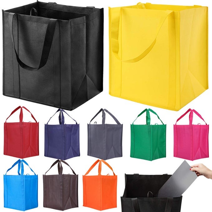 10 PACK REUSABLE REINFORCED HANDLE GROCERY BAGS HEAVY DUTY LARGE SHOPPING TOTES WITH THICK PLASTIC BOTTOM CAN HOLD 40 LBS
