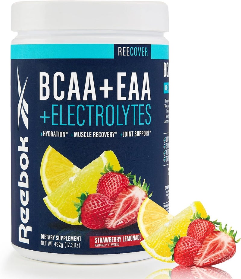 Reebok REECover Amino Acids  Electrolytes  8g EAAs 5g BCAAs Hydration Matrix  Muscle Recovery Strength  PostWorkout Support  30 Servings  Strawberry Lemonade - Image 1