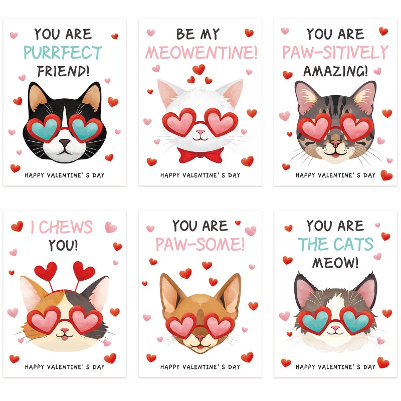 KALEFO 30 Pcs Cat Themed Valentines Day Cards Valentine's Day Greeting Blank Cards Cartoon Kitty Cats Exchange Party Favor - Image 1