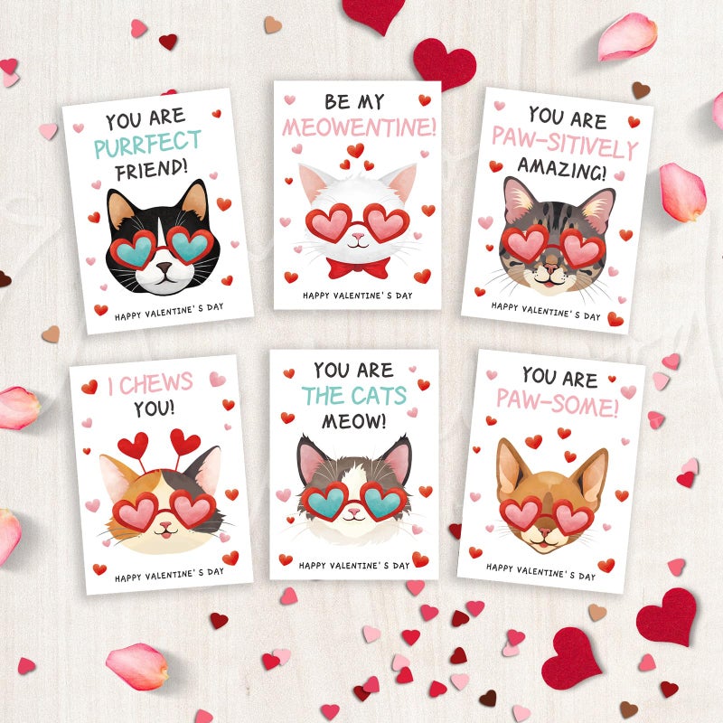 KALEFO 30 Pcs Cat Themed Valentines Day Cards Valentine's Day Greeting Blank Cards Cartoon Kitty Cats Exchange Party Favor - Image 5