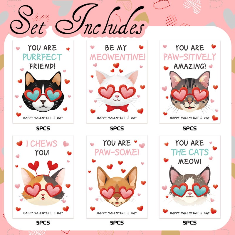 KALEFO 30 Pcs Cat Themed Valentines Day Cards Valentine's Day Greeting Blank Cards Cartoon Kitty Cats Exchange Party Favor - Image 3