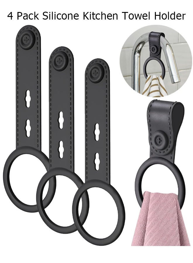 Wffo 4 Pack Silicone Kitchen Towel Holder – Soft & Waterproof Bathroom and Dish Towel Holder, Adjustable Towel Hanger, for Towel Clips for Kitchen, Cabinet, Stove, Oven Handle or Rods (Black, Non-Slip & Heat Resistant) - Image 1