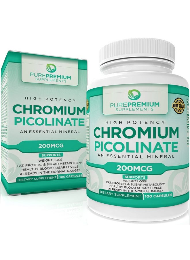 PUREPREMIUM SUPPLEMENTS - Purepremium Chromium Picolinate 200Mcg Glutenfree High Potency Chromium Supplement 100 Capsules - Image 1