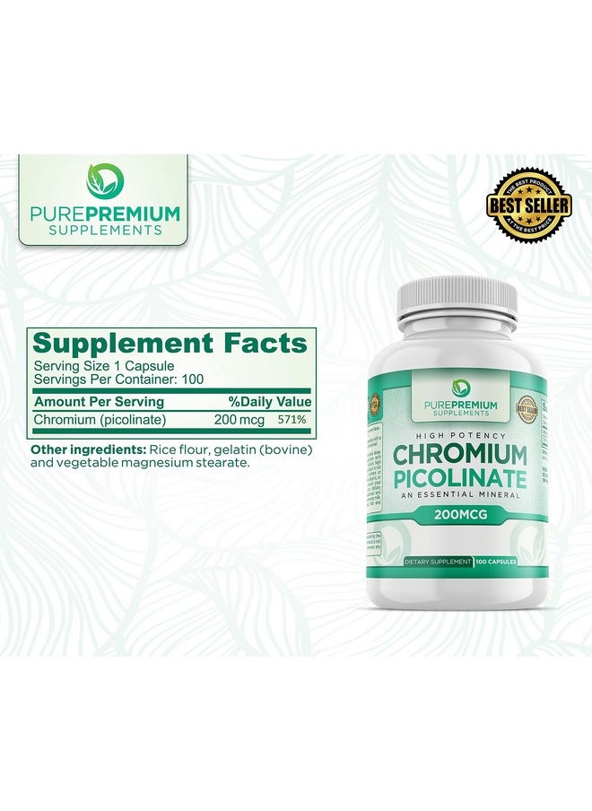PUREPREMIUM SUPPLEMENTS - Purepremium Chromium Picolinate 200Mcg Glutenfree High Potency Chromium Supplement 100 Capsules - Image 1