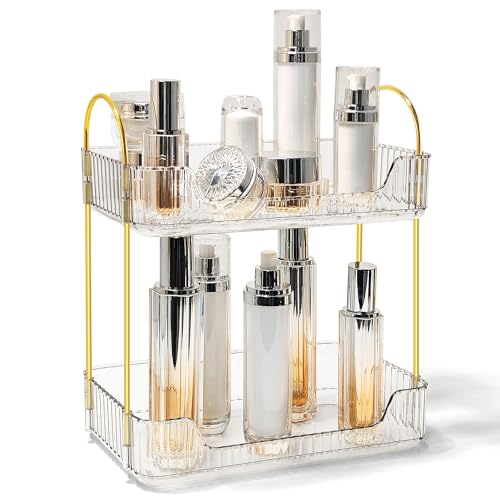 TENDER EPOCH Bathroom Counter Organizer Countertop Storage Skincare Countertop Makeup Organizer Cosmetics Skincare Organizers Holder for Perfume-Clear-golden pole - Image 1
