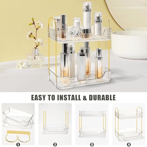 TENDER EPOCH Bathroom Counter Organizer Countertop Storage Skincare Countertop Makeup Organizer Cosmetics Skincare Organizers Holder for Perfume-Clear-golden pole - Image 4
