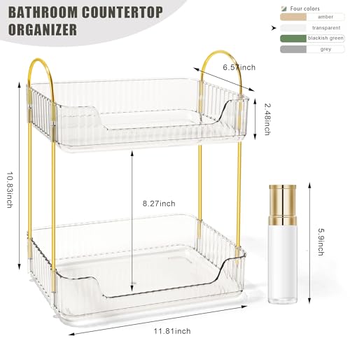 TENDER EPOCH Bathroom Counter Organizer Countertop Storage Skincare Countertop Makeup Organizer Cosmetics Skincare Organizers Holder for Perfume-Clear-golden pole - Image 2