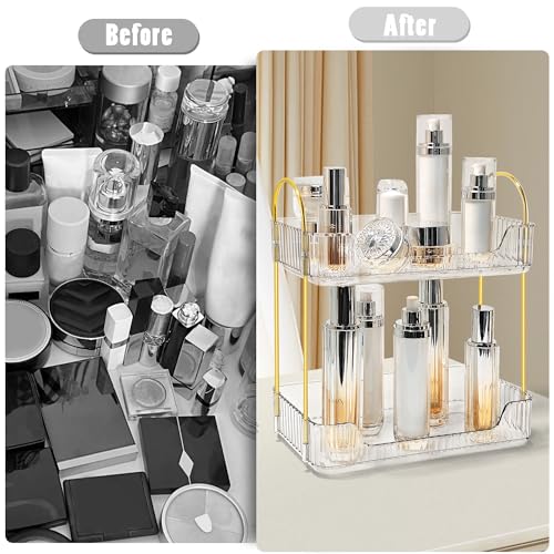 TENDER EPOCH Bathroom Counter Organizer Countertop Storage Skincare Countertop Makeup Organizer Cosmetics Skincare Organizers Holder for Perfume-Clear-golden pole - Image 3