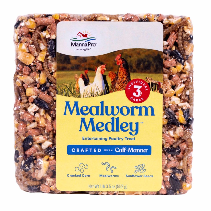 Manna Pro Mealworm Medley Cake, Chicken Treats & Food, High-Protein Snack for Chickens, Turkeys, and Backyard Birds, 19.5 oz
