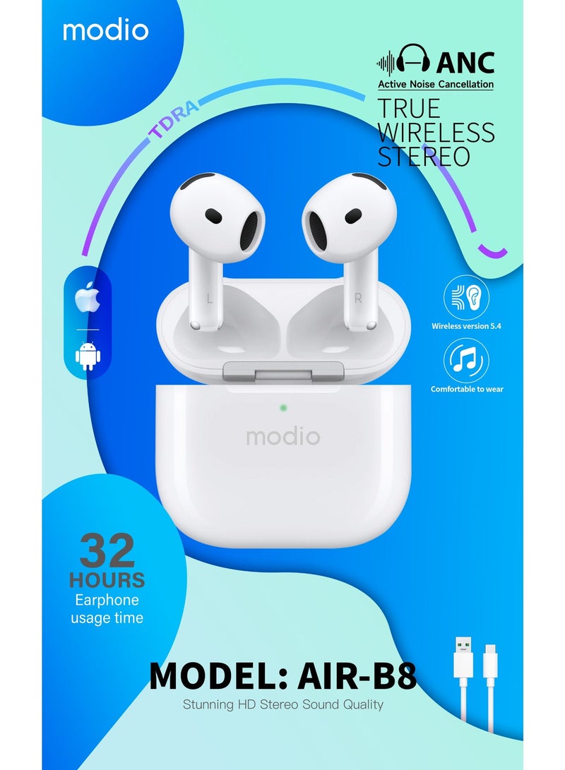 موديو سماعات أذن ستيريو لاسلكية حقيقية Modio Air-B8 مع خاصية إلغاء الضوضاء النشطة، بلوتوث 5.4، مدة تشغيل تصل إلى 32 ساعة، صوت ستيريو عالي الدقة، تحكم باللمس، متوافقة مع هواتف وأجهزة أندرويد اللوحية، لون أبيض - Image 4