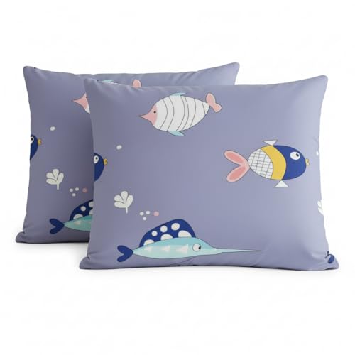 Filymore Kids Pillow Covers Set of 2 Covers| Cute Purple Fish Design for Kid Room Made with Microfiber Soft & Skin Friendly Pillow Cases | Size (17 x 27 inch (Purple). - Image 1