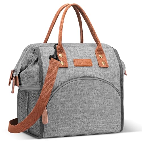 LOKASS Lunch Bag Insulated Lunch Box Wide-Open Lunch Tote Bag Large Drinks Holder Durable Nylon Snacks Organizer with Removable Shoulder Strap for Women Men Adults Work Outdoor,Grey - Image 1