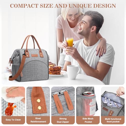LOKASS Lunch Bag Insulated Lunch Box Wide-Open Lunch Tote Bag Large Drinks Holder Durable Nylon Snacks Organizer with Removable Shoulder Strap for Women Men Adults Work Outdoor,Grey - Image 4