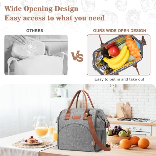 LOKASS Lunch Bag Insulated Lunch Box Wide-Open Lunch Tote Bag Large Drinks Holder Durable Nylon Snacks Organizer with Removable Shoulder Strap for Women Men Adults Work Outdoor,Grey - Image 2