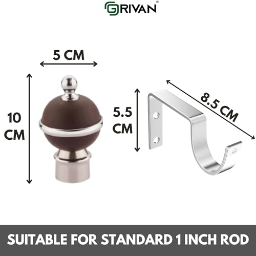 GRIVAN Stainless Steel & ABS Curtain Bracket Parda Holder with Support 1 Inch Rod Pocket Finials Designer Door and Window Rod Support Fittings, Curtain Rod Holder (Pair of 6 , Dark Brown ) - Image 4