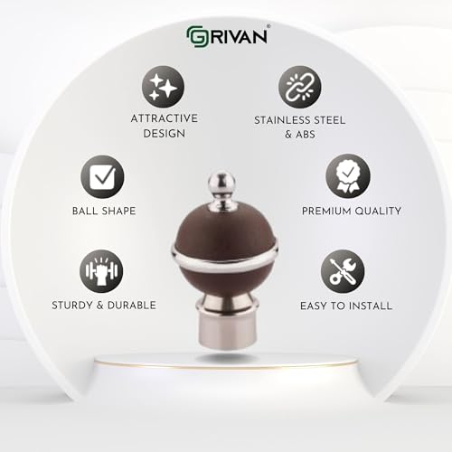 GRIVAN Stainless Steel & ABS Curtain Bracket Parda Holder with Support 1 Inch Rod Pocket Finials Designer Door and Window Rod Support Fittings, Curtain Rod Holder (Pair of 6 , Dark Brown ) - Image 2