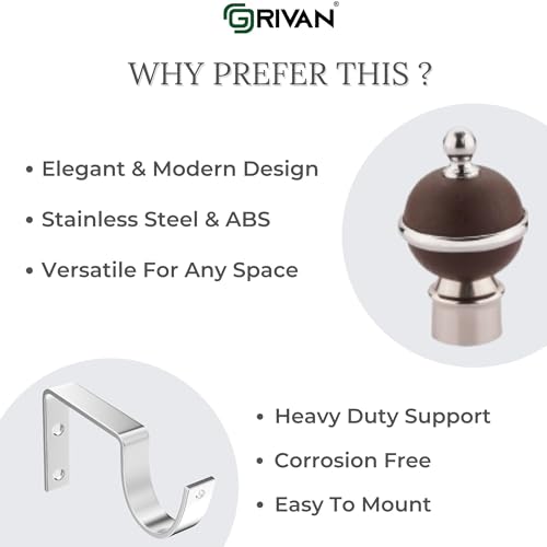 GRIVAN Stainless Steel & ABS Curtain Bracket Parda Holder with Support 1 Inch Rod Pocket Finials Designer Door and Window Rod Support Fittings, Curtain Rod Holder (Pair of 6 , Dark Brown ) - Image 3