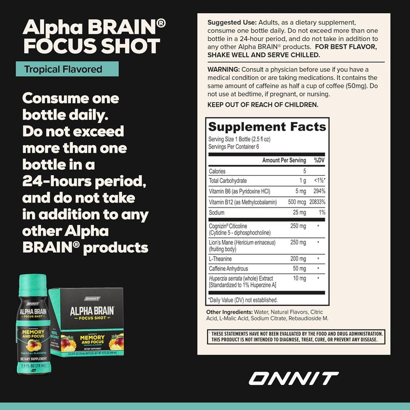 Onnit مشروب ONNIT Alpha Brain Focus Shot بنكهة استوائية مكمل غذائي نوتروبيك يدعم الطاقة والتركيز والمزاج 25 أونصة سائلة 6 عبوات - Image 3
