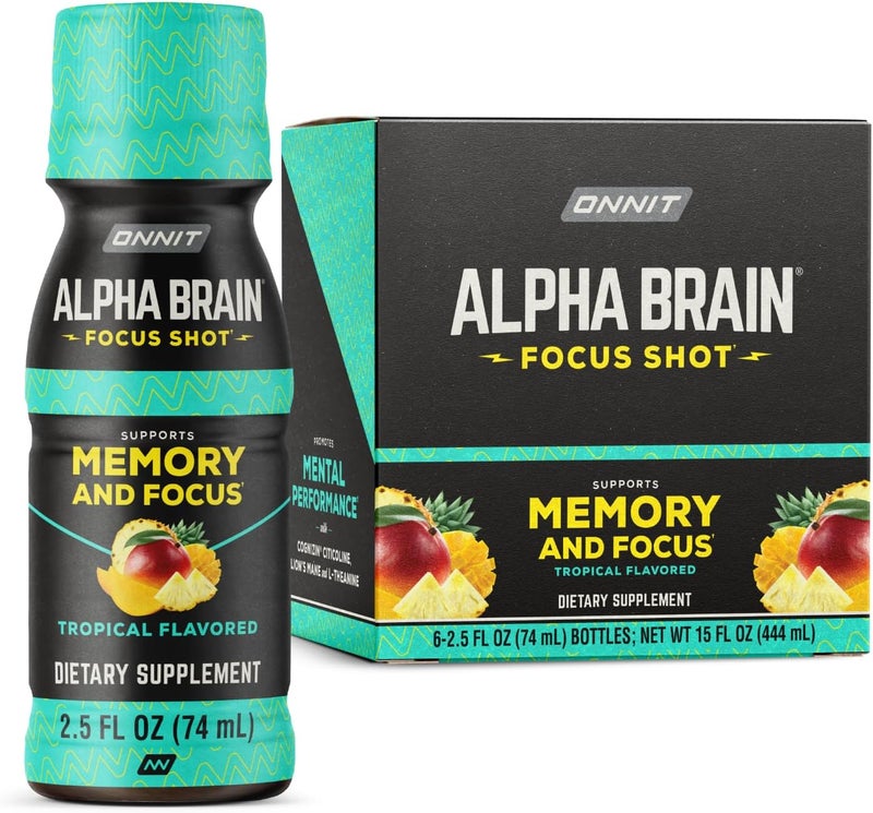 Onnit مشروب ONNIT Alpha Brain Focus Shot بنكهة استوائية مكمل غذائي نوتروبيك يدعم الطاقة والتركيز والمزاج 25 أونصة سائلة 6 عبوات - Image 1