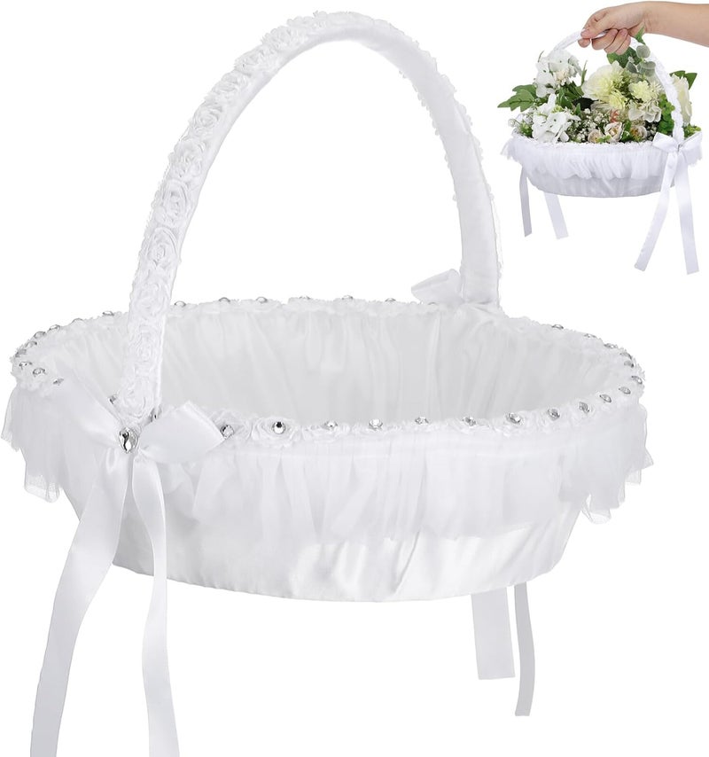 IMIKEYA Wedding Lace Flower Girl Basket with Rhinestone and Polyester Lace Handheld Bridal Basket for Wedding Ceremony and Flower Elegant European Style - Image 1