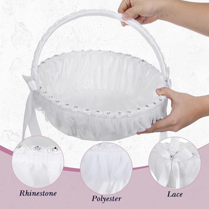 IMIKEYA Wedding Lace Flower Girl Basket with Rhinestone and Polyester Lace Handheld Bridal Basket for Wedding Ceremony and Flower Elegant European Style - Image 3