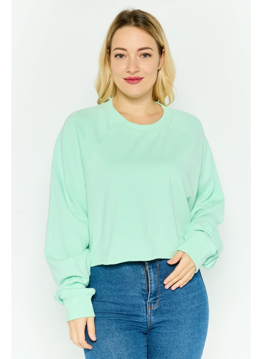 NIA Women Crew Neck Long Sleeve Solid Crop Sweatshirt, Mint Green  - Image 1
