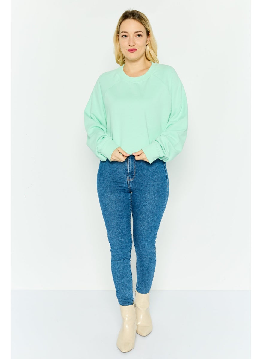 NIA Women Crew Neck Long Sleeve Solid Crop Sweatshirt, Mint Green  - Image 4