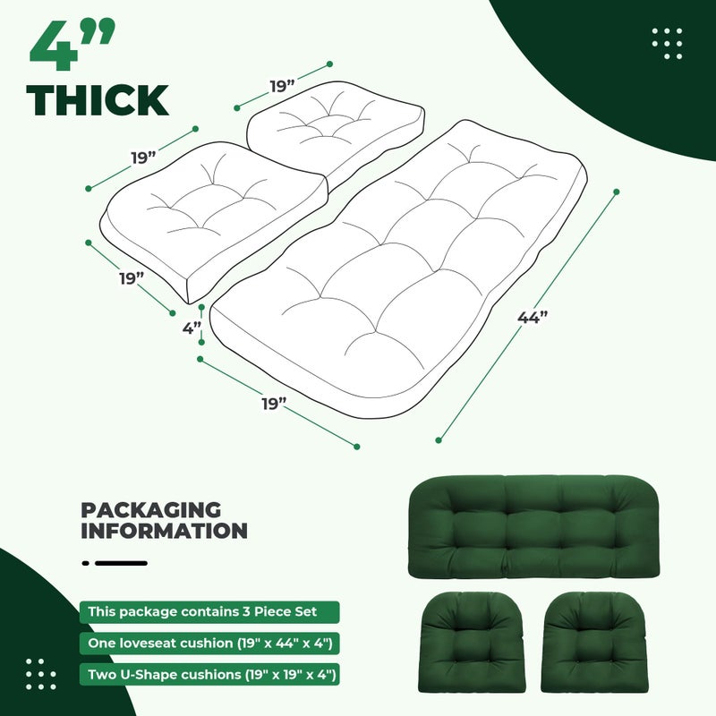 DANGHOOGY Wicker Chair Cushions, Waterproof Outdoor Loveseat Cushions for Patio Furniture, 3 Pieces Wicker Furniture Cushions, 1 Loveseat and 2 U-Shaped Cushions, Green - Image 2