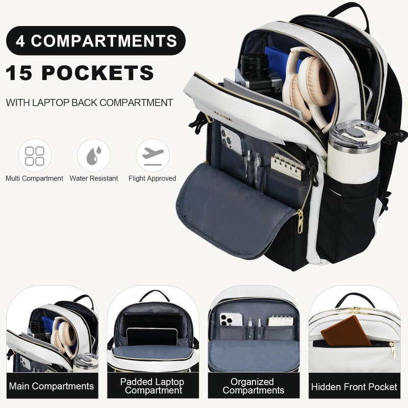 VANKEAN Laptop Backpack for Women with Pouch Pocket for Large Capacity Tumbler, 15.6 Inch Laptop Computer Bag Travel Backpack Purse,Waterproof Work Business Backpack College Teacher Bags Beige-Black - Image 3