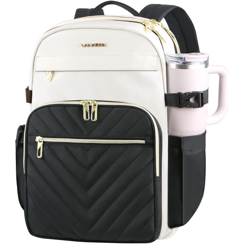 VANKEAN Laptop Backpack for Women with Pouch Pocket for Large Capacity Tumbler, 15.6 Inch Laptop Computer Bag Travel Backpack Purse,Waterproof Work Business Backpack College Teacher Bags Beige-Black - Image 1