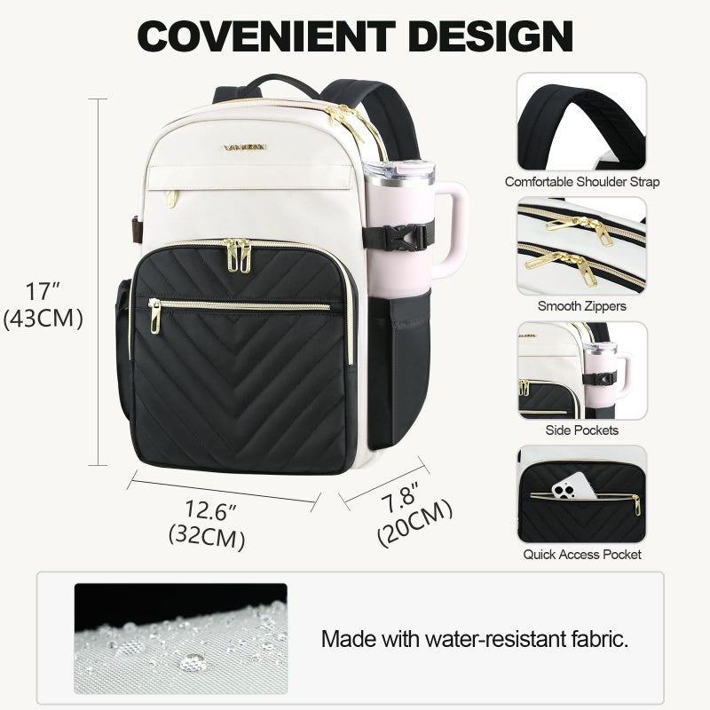 VANKEAN Laptop Backpack for Women with Pouch Pocket for Large Capacity Tumbler, 15.6 Inch Laptop Computer Bag Travel Backpack Purse,Waterproof Work Business Backpack College Teacher Bags Beige-Black - Image 4