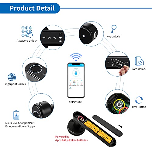 CATCHFACE [Upgrade] Smart Lock Fingerprint Door Lock,CATCHFACE TTLock Smart Lock Smart Door Handle with App IC Card,Auto Lock,DIY Install-Perfect for Home,Apartment,Co-Working Space(Black) - Image 2