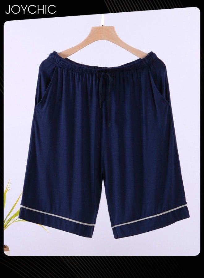 NIBEMINENT Casual Men's Summer Mid-pants Modal Skin-friendly Breathable Pajama Bottom Male Loose Stretchable Home Sleeping Pants with Pockets Indoor Outdoor Dark Blue  - Image 1