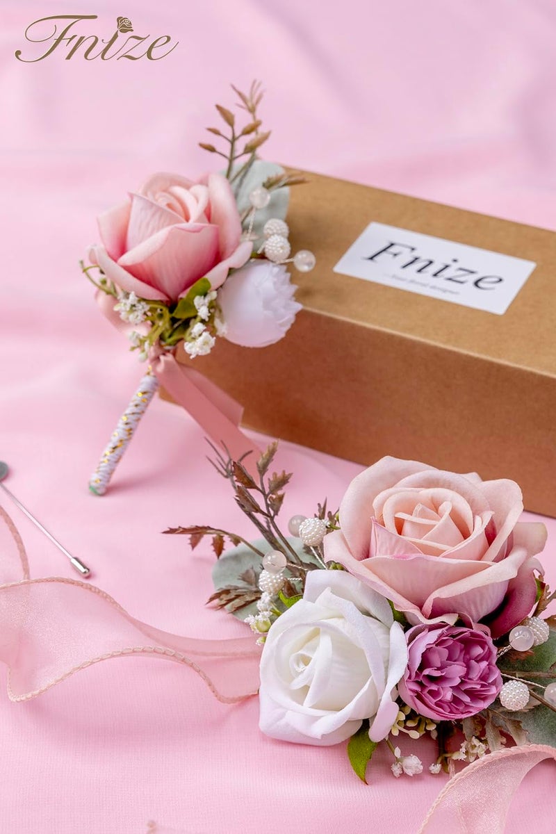 Fnize Pink Corsage and Boutonniere Set for Bride Groom Bridesmaids Groomsmen Wedding Homecoming Flowers Prom Suit Accessories, Rose Boutonniere and Wrist Corsage Flower - Image 5