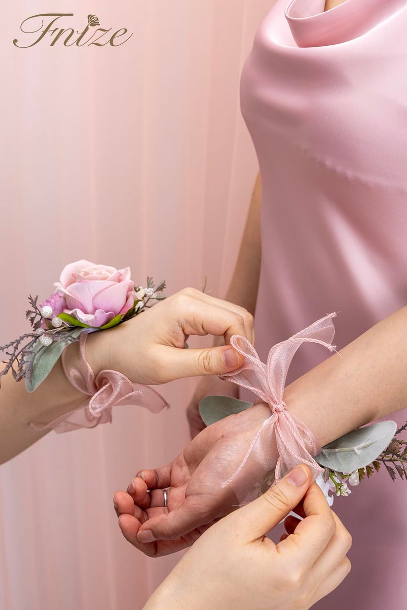 Fnize Pink Corsage and Boutonniere Set for Bride Groom Bridesmaids Groomsmen Wedding Homecoming Flowers Prom Suit Accessories, Rose Boutonniere and Wrist Corsage Flower - Image 3