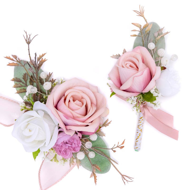 Fnize Pink Corsage and Boutonniere Set for Bride Groom Bridesmaids Groomsmen Wedding Homecoming Flowers Prom Suit Accessories, Rose Boutonniere and Wrist Corsage Flower - Image 1