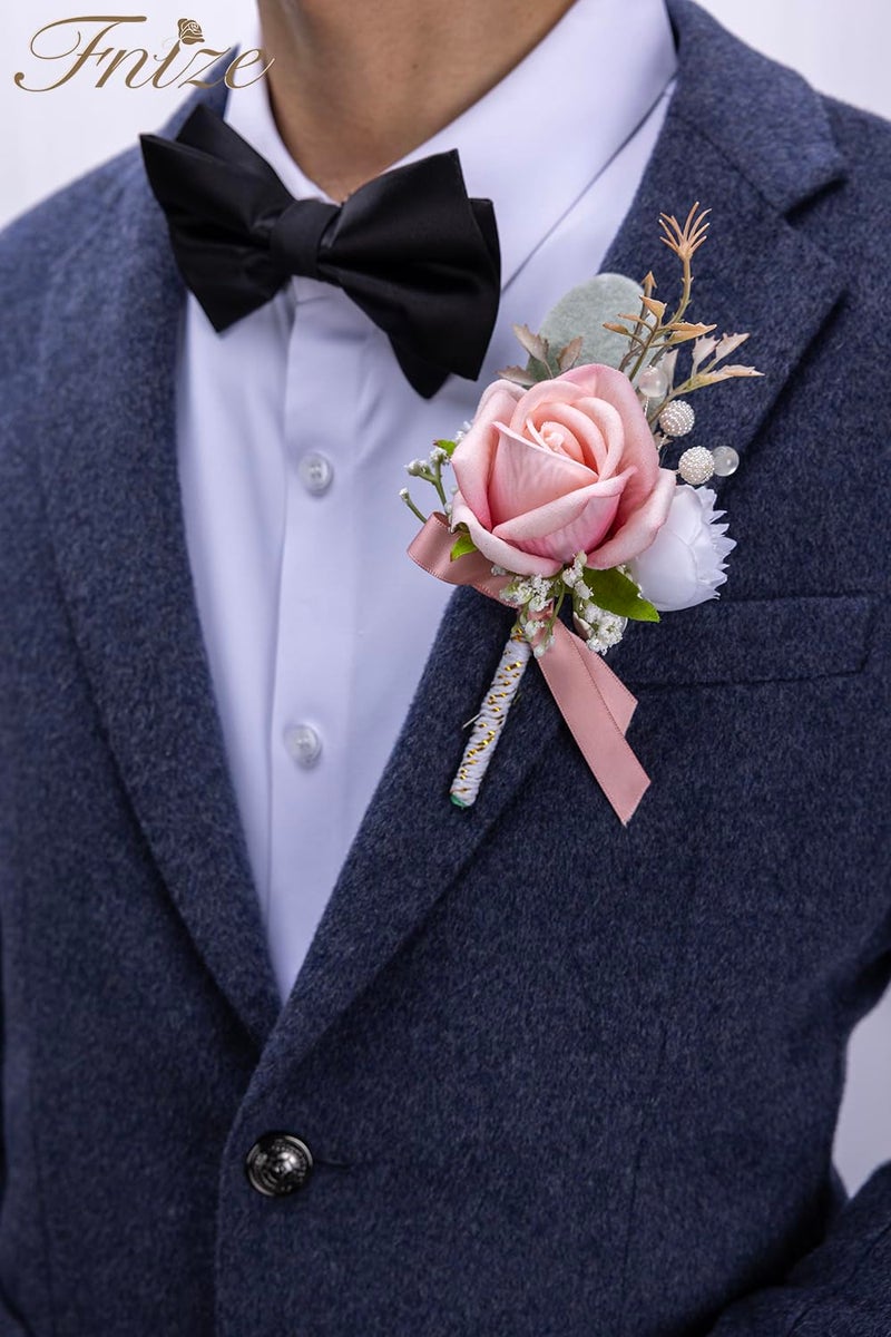 Fnize Pink Corsage and Boutonniere Set for Bride Groom Bridesmaids Groomsmen Wedding Homecoming Flowers Prom Suit Accessories, Rose Boutonniere and Wrist Corsage Flower - Image 4
