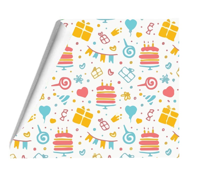 Birthday Party Gift Wrapping Paper, Festive Pattern with Cakes, Hearts and Presents in Pink, Blue and Yellow, Decorative Design
