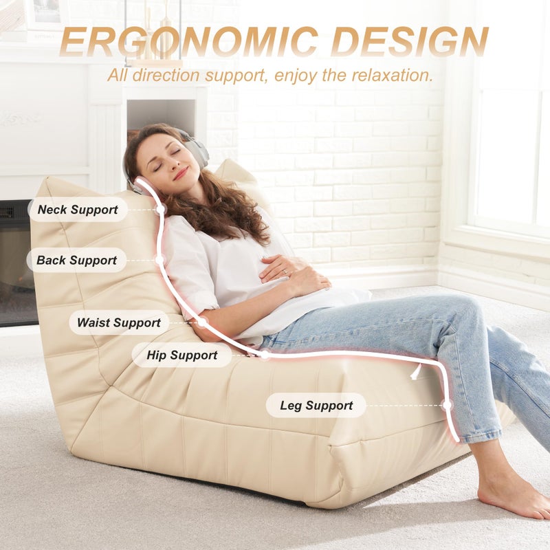 Hobestluk Giant Bean Bag Chair Lazy Floor Sofa, Memory Foam Fireside Sofa for Adults, Big Beanbag Faux Leather Armless Chair for Living Room Bedroom Dorm Office (Beige, Single) - Image 4