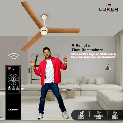 LUKER JVLuker USA Crown Wood 1200mm BLDC Ceiling Fans with Remote, BEE 5 star Rated Energy Saving Ceiling Fan for Living Room, High Air Delivery with LED Indicators, Ivory-Teakwood-Ivory Copper - Image 2
