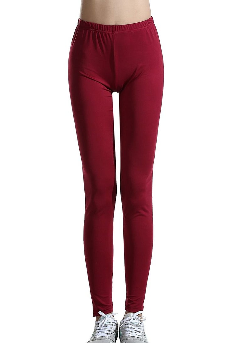 Loquat Women's Solid Color Elastic Waistband Highly Elastic Leggings Pants Wine Red  - Image 1