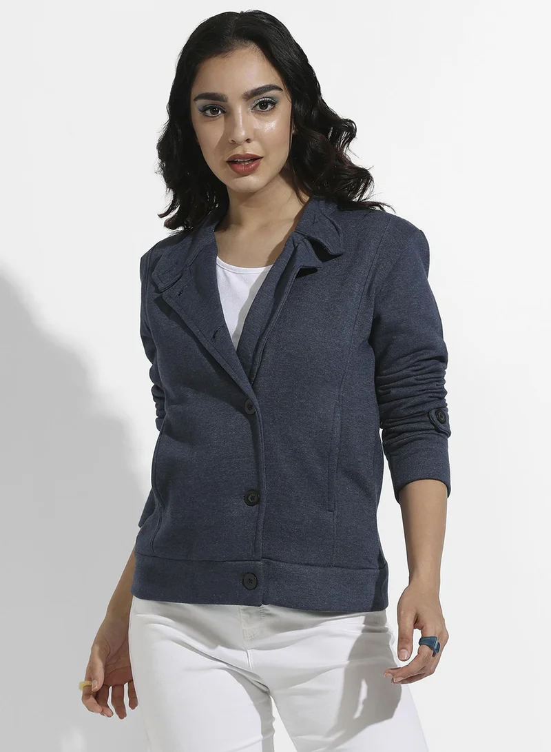 Campus Sutra Women's Aegean Blue Solid Knit Jacket For Casual Wear | High Neck | Long Regular Sleeves | Button Closure | Jacket Crafted With Comfort Fit For Everyday Wear