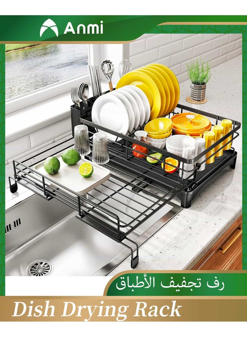 Anmi Dish Drying Rack - Extendable Dish Rack, Large Sink Drying Dish Drainer for Kitchen Counter, Stainless Steel Dish Strainer with Utensil Holder, Black (Upgraded version)  - Image 1