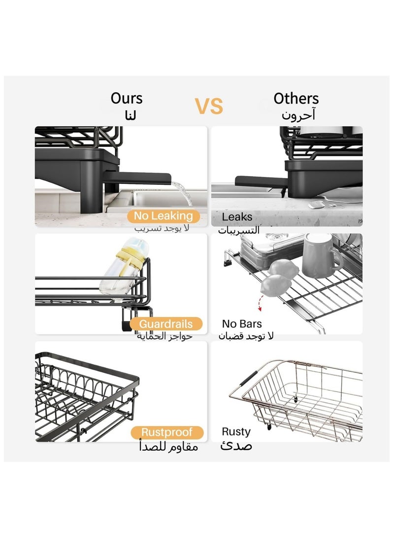 Anmi Dish Drying Rack - Extendable Dish Rack, Large Sink Drying Dish Drainer for Kitchen Counter, Stainless Steel Dish Strainer with Utensil Holder, Black (Upgraded version)  - Image 3