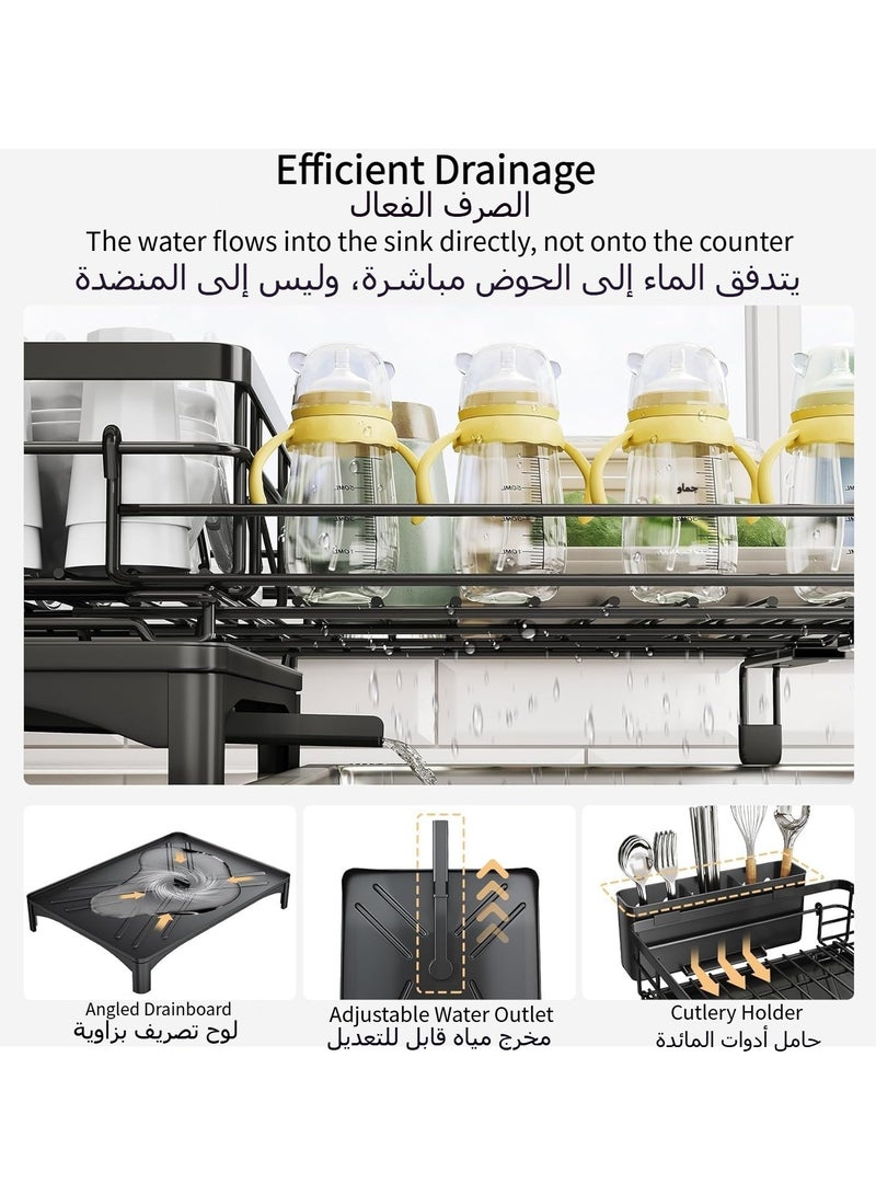 Anmi Dish Drying Rack - Extendable Dish Rack, Large Sink Drying Dish Drainer for Kitchen Counter, Stainless Steel Dish Strainer with Utensil Holder, Black (Upgraded version)  - Image 5