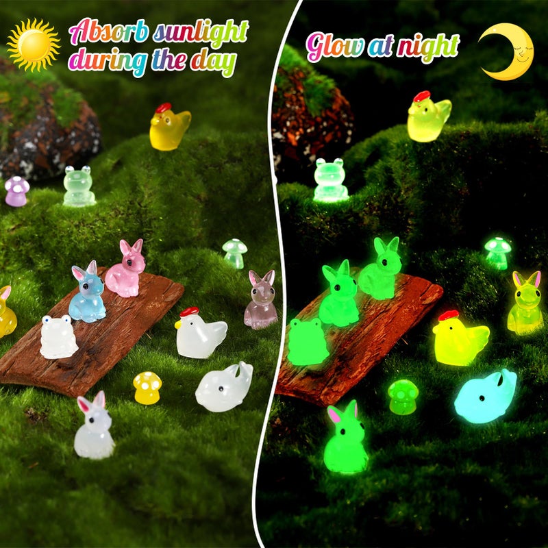 GGSTDDUP 135 PCS Luminous Mini Resin Ducks Tiny Glow in The Dark Duck/ Chickens/ Rabbit/ Frogs /Dolphin /Mushroom/ 6 Combination Sets Resin Miniature Animals for Micro Landscape Dollhouse Garden Decoration - Image 3