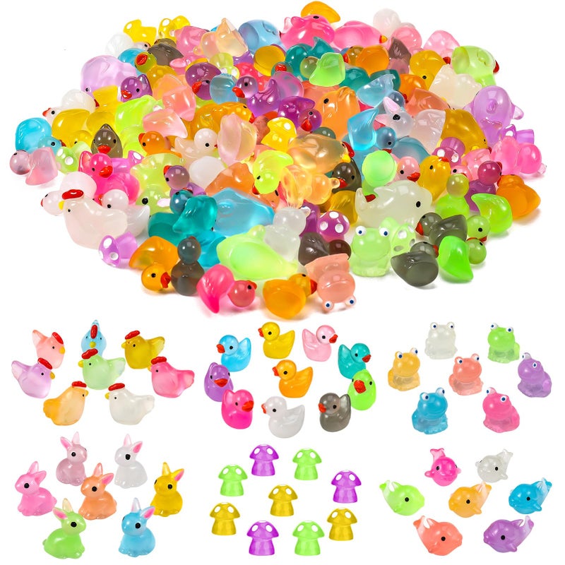 GGSTDDUP 135 PCS Luminous Mini Resin Ducks Tiny Glow in The Dark Duck/ Chickens/ Rabbit/ Frogs /Dolphin /Mushroom/ 6 Combination Sets Resin Miniature Animals for Micro Landscape Dollhouse Garden Decoration - Image 1