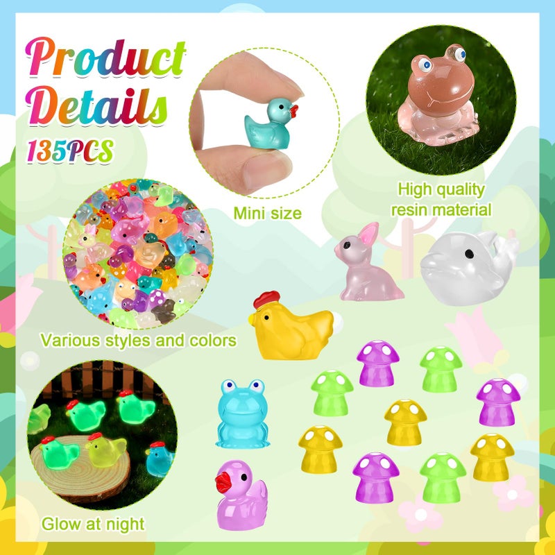 GGSTDDUP 135 PCS Luminous Mini Resin Ducks Tiny Glow in The Dark Duck/ Chickens/ Rabbit/ Frogs /Dolphin /Mushroom/ 6 Combination Sets Resin Miniature Animals for Micro Landscape Dollhouse Garden Decoration - Image 2