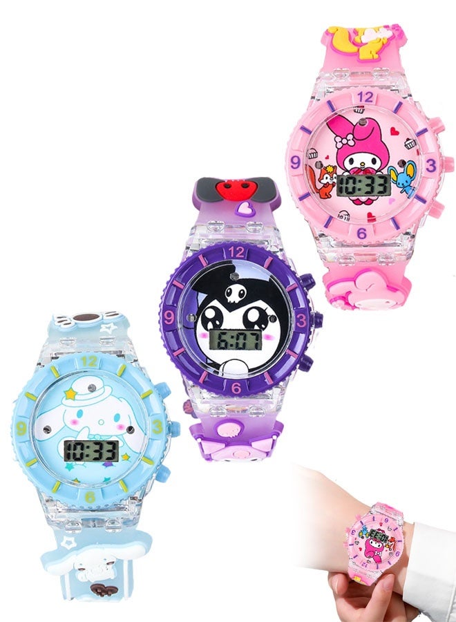 3 قطع ساعات أطفال، ساعة معصم LED لامعة وردية اللون من كيتي باستيل - Image 1